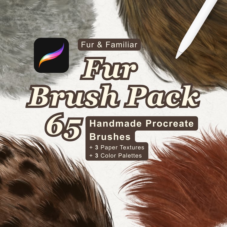 Fur & Familiar Procreate fur brushes for drawing realistic and stylized animal fur, fantasy creatures, pets and magical beasts