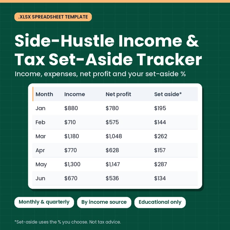 Cover of the Side-Hustle Income & Tax Set-Aside Tracker spreadsheet showing a monthly summary with made-up numbers.