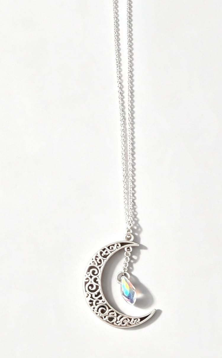Crescent moon necklace with 925 sterling silver chain and iridescent teardrop crystal