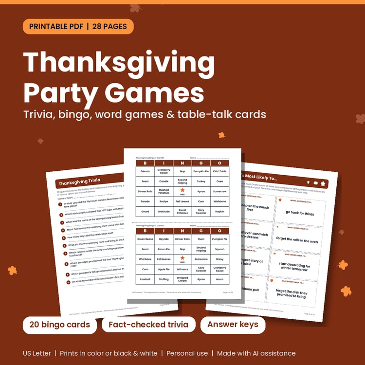 Thanksgiving Party Games: Printable Trivia, Bingo & Table Games (PDF) cover image