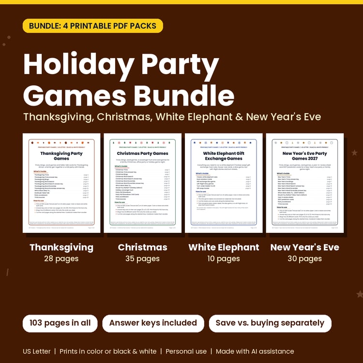 Holiday Party Games Bundle: Thanksgiving, Christmas, White Elephant & New Year's Eve (4 PDFs) cover image