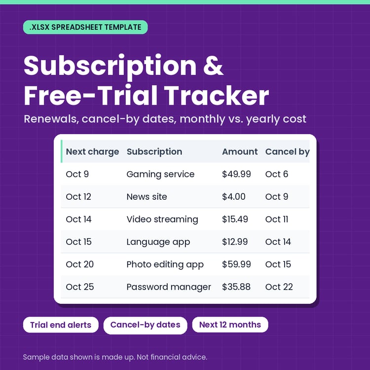 Subscription & Free-Trial Tracker: Renewal Dates, Cancel-By Dates & Yearly Cost (.xlsx) cover image