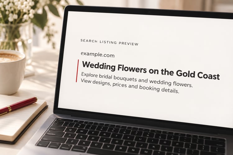 Laptop showing a sample search listing titled “Wedding Flowers on the Gold Coast,” with a description of bouquets, designs, prices and booking details, beside coffee and a red pen.