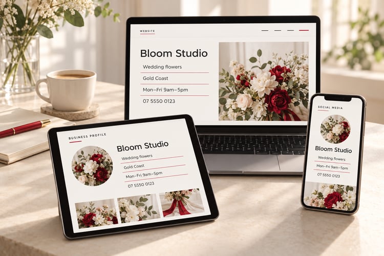 Laptop, tablet and phone showing matching Bloom Studio business details across a website, business profile and social media, including services, opening hours and phone number.