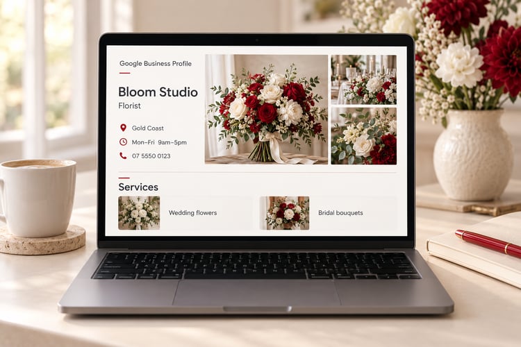 Laptop displaying a sample Google Business Profile for Bloom Studio florist, with contact details, opening hours, flower photos and services, beside coffee and a red pen.