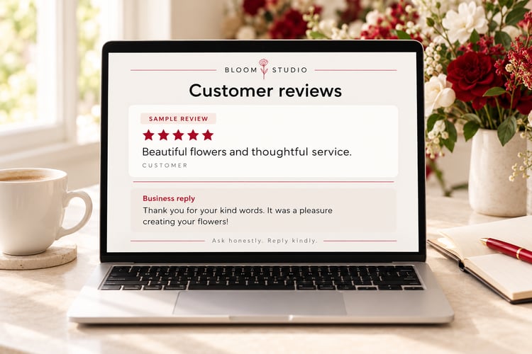 Laptop showing a clearly labelled sample five-star customer review and a friendly business reply, beside coffee, flowers and a notebook with a red pen.