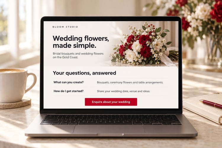Laptop displaying a sample florist website with clear service information, answers to customer questions and a red “Enquire about your wedding” button.