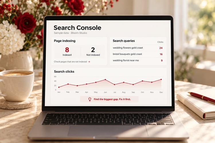 Laptop showing an illustrative Search Console dashboard with indexed and unindexed pages, search queries and clicks, beside coffee and a notebook with a red pen.
