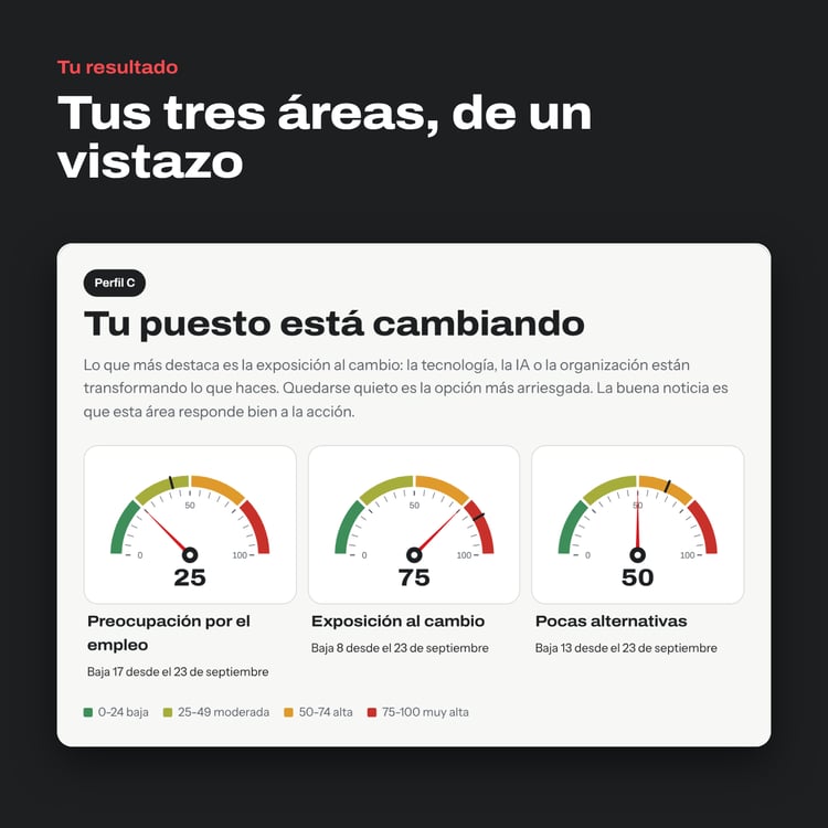 Resultado del chequeo: tres manómetros para preocupación por el empleo, exposición al cambio y pocas alternativas