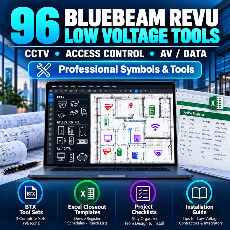 96 Bluebeam Revu low voltage tools featuring CCTV camera symbols, access control devices, AV/data symbols and Excel project closeout templates.