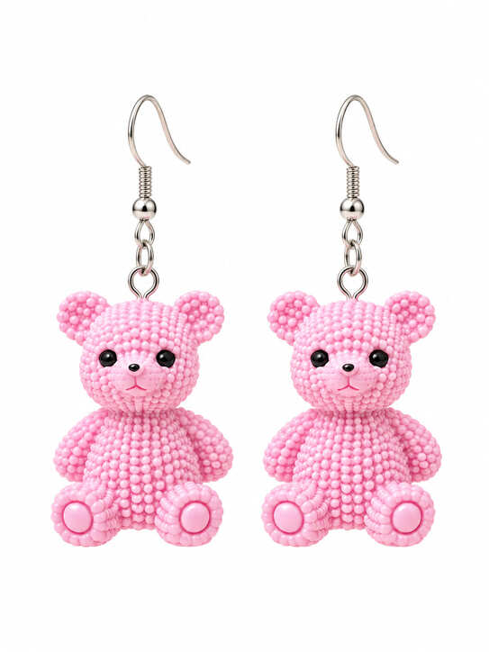 Close-up pair of bright pink textured teddy bear drop earrings with 925 sterling silver ear hooks on a white background.
