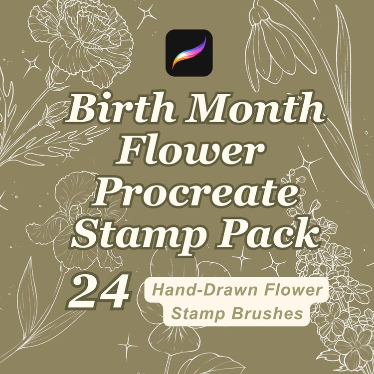 Birth Month Flower Stamp Pack with 24 botanical Procreate flower stamp brushes for floral illustrations and handmade artwork
