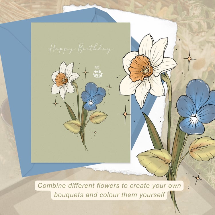 Birth month flower Procreate stamps used to create a botanical birthday card and floral greeting card design