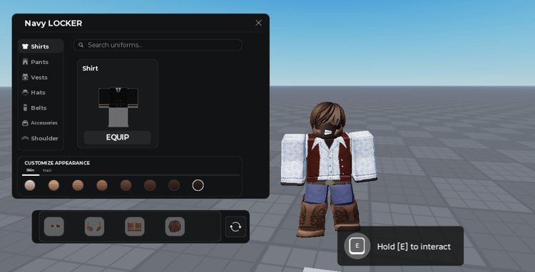 Uniform locker UI with shirt equipment preview