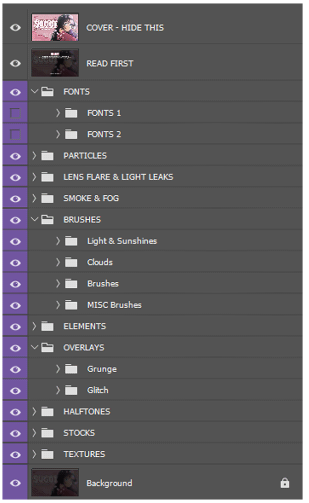 A screenshot of the list of folders inside photoshop displaying what's inside the GFX Pack / Graphic Design Pack.