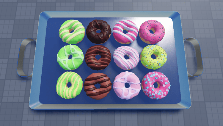 Twelve colorful donuts arranged on a blue plate