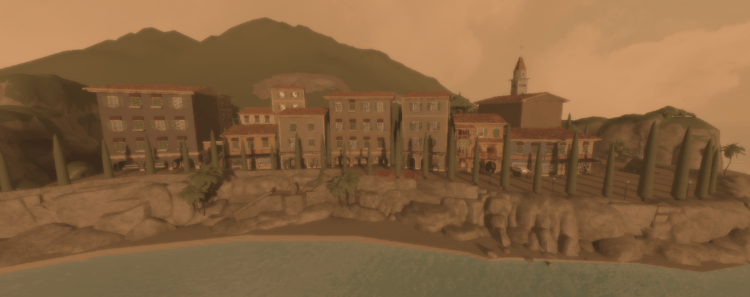Mediterranean coastal village with traditional buildings