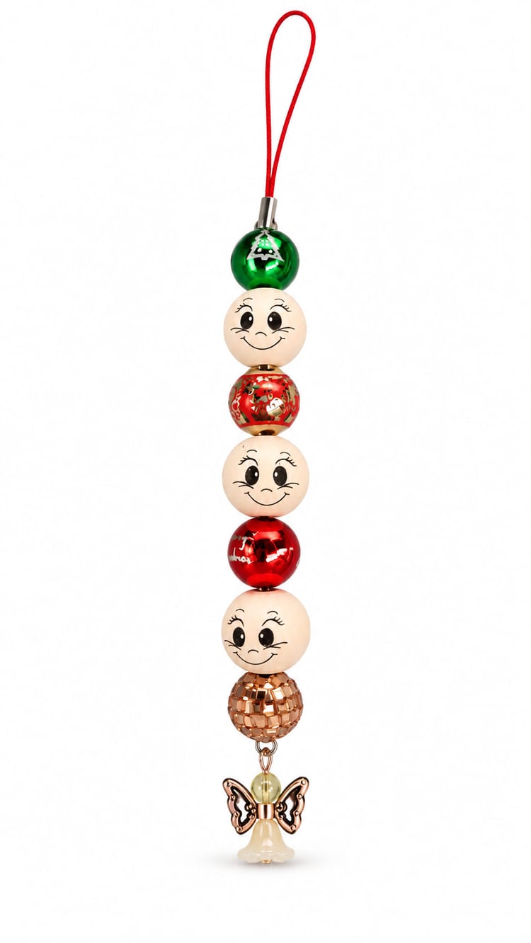 Handmade Christmas beaded hanging decoration with red, green and smiley face beads, rose-gold accent and angel charm styled with festive decorations.