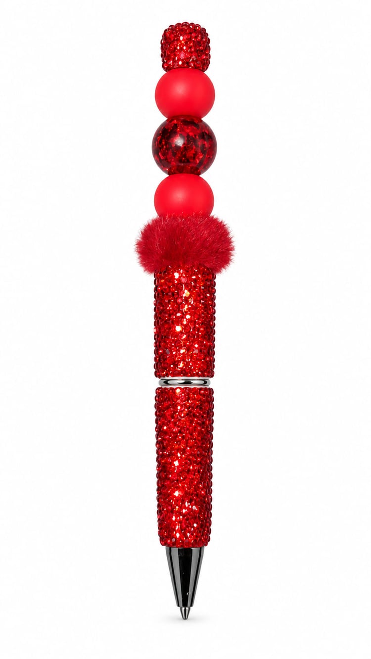 Handmade sparkling red rhinestone beaded pen with red decorative beads and fluffy pom-pom on a white background.