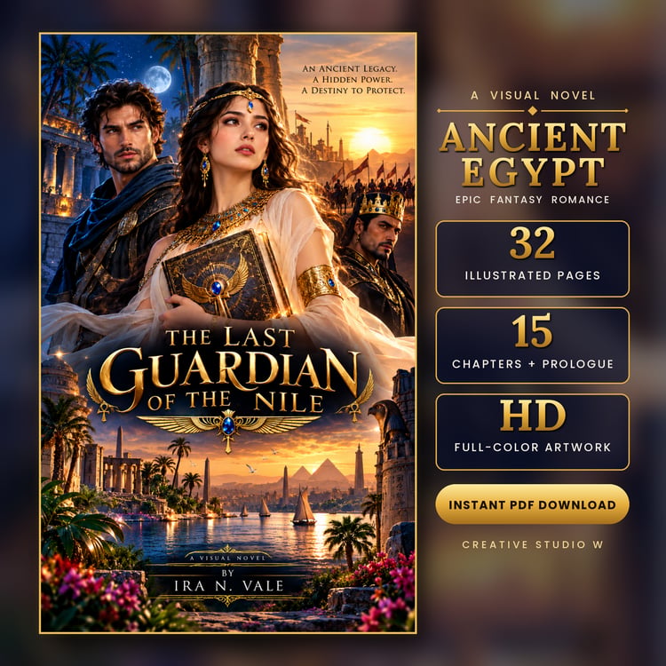 The Last Guardian of the Nile illustrated visual novel cover showing an Egyptian guardian holding a sacred book beside the Nile at sunset