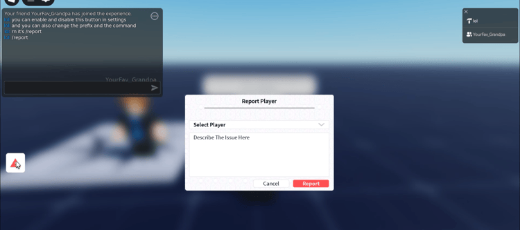 In-game player report interface