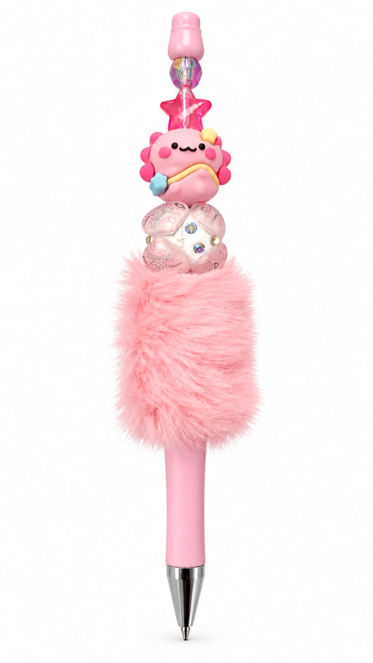 Pink fluffy handmade beaded pen with cute character focal bead, translucent star and decorative sparkling pink beads on white.