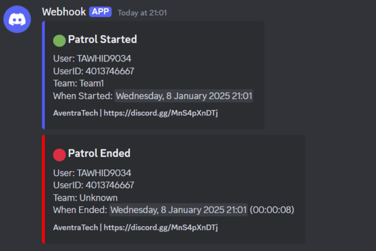 Discord webhook showing a patrol started notification
