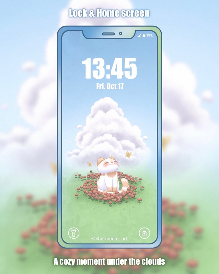 A cute creature sleeping peacefully under a fluffy cloud, surrounded by golden butterflies. A moment of absolute calm, like a day-dream #wallpaperphone #cuteart #kawaiiart #cloud #cutecreature #flower