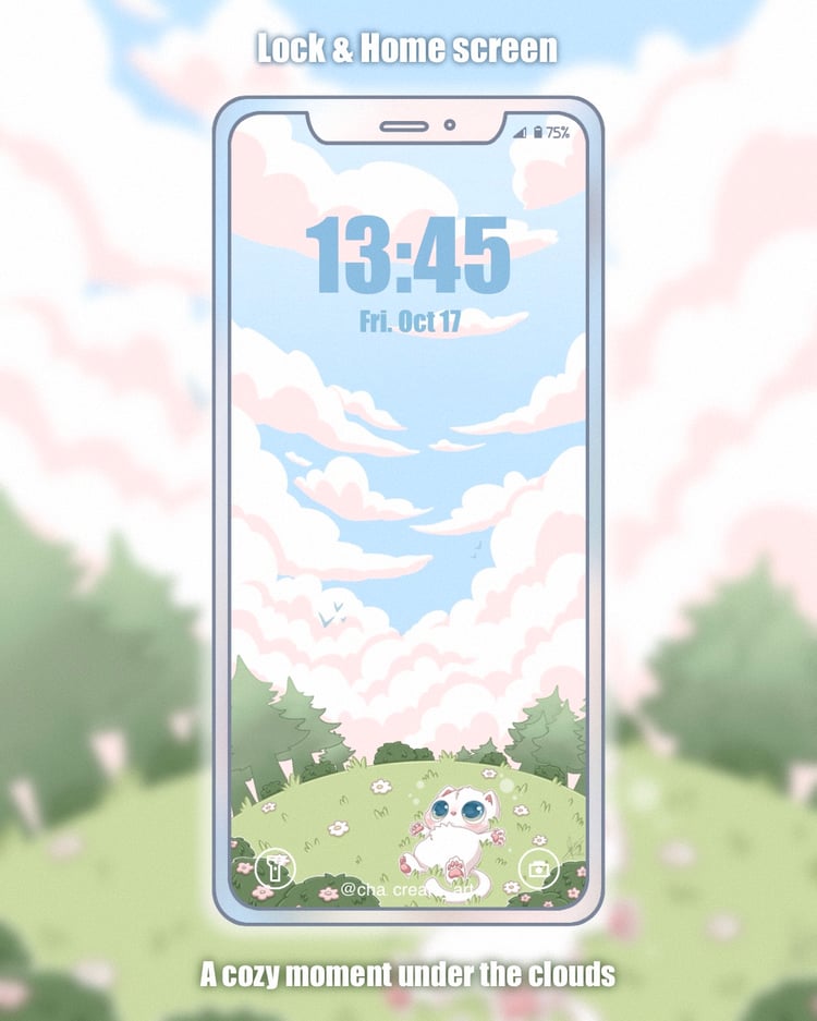 A cute and chubby creature lies on its back in a field of flowers, gazing up at a soft sky full of fluffy pastel clouds #wallpaperphone #cuteart #kawaiiart #cutecreature #cloud #chill