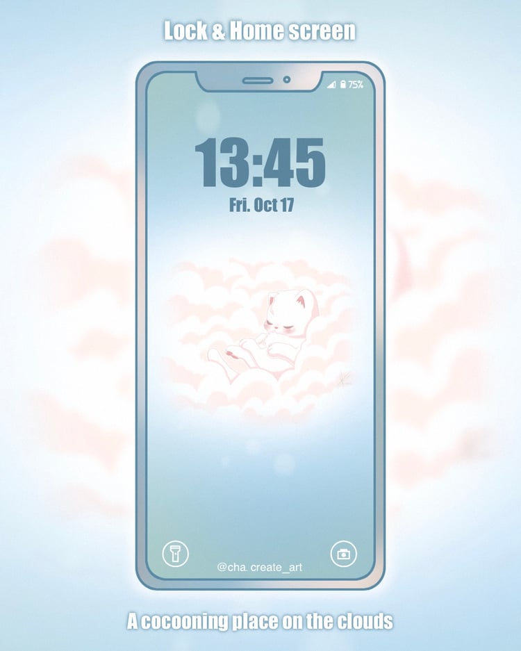 A cute fluffy creature sleeping peacefully curled up in a soft cloud, like in a cozy little nest #wallpaperphone #cuteart #kawaiiart #cutecreature #cloud #cocooning