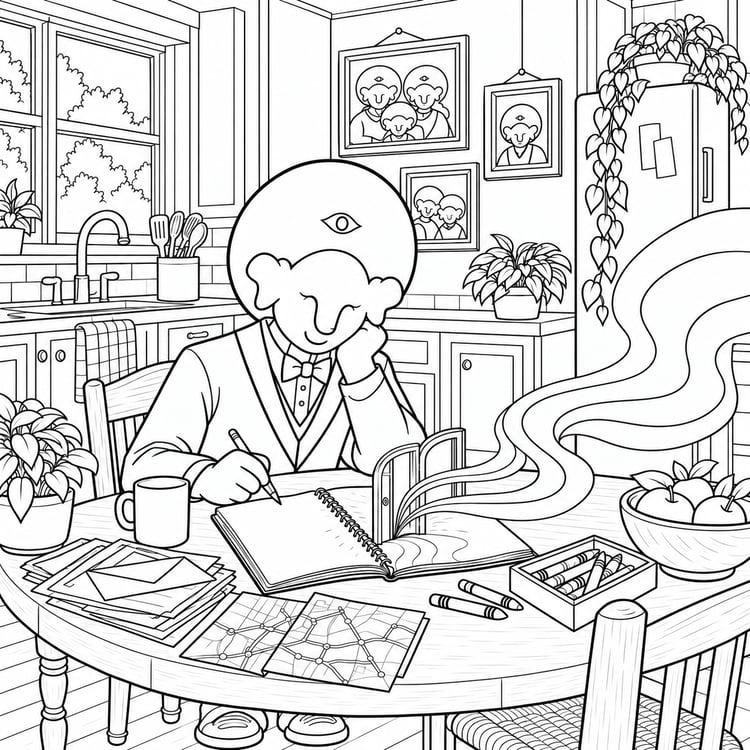 Hamski sits at a kitchen table, drawing a doorway in a notebook as a winding path rises from the page.