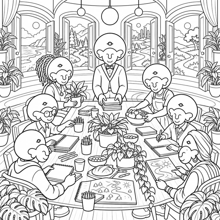 Hamski and friends gather around a table with plants, books, and drawings; open doors reveal different landscapes.