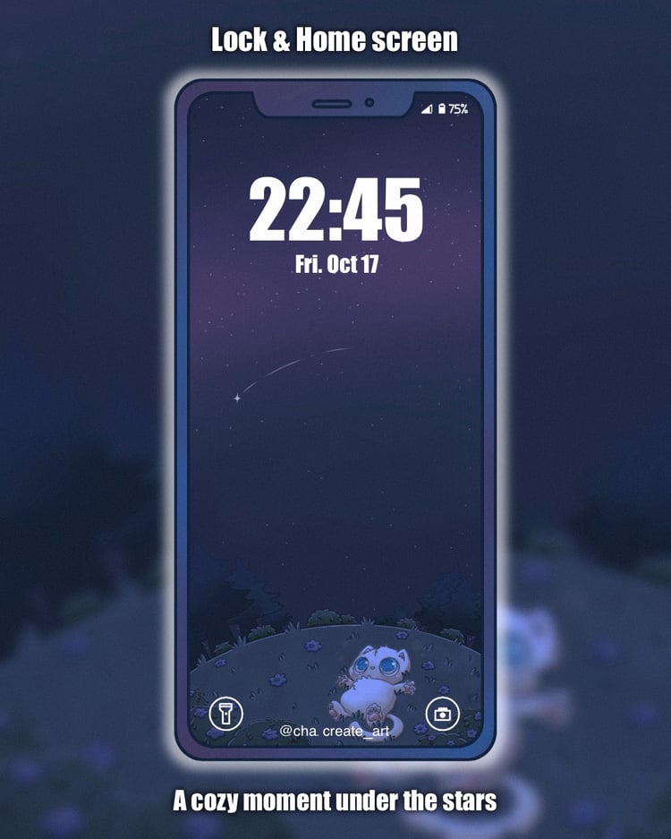 A cute and chubby creature lies on its back in a field of flowers, gazing up at a sky full of pretty stars #wallpaperphone #cuteart #kawaiiart #night #stars #cutecreature