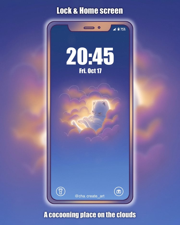 A cute fluffy creature sleeping peacefully curled up in a soft cloud, like in a cozy little nest #wallpaperphone #cuteart #kawaiiart #sky #cloud #night #cutecreature
