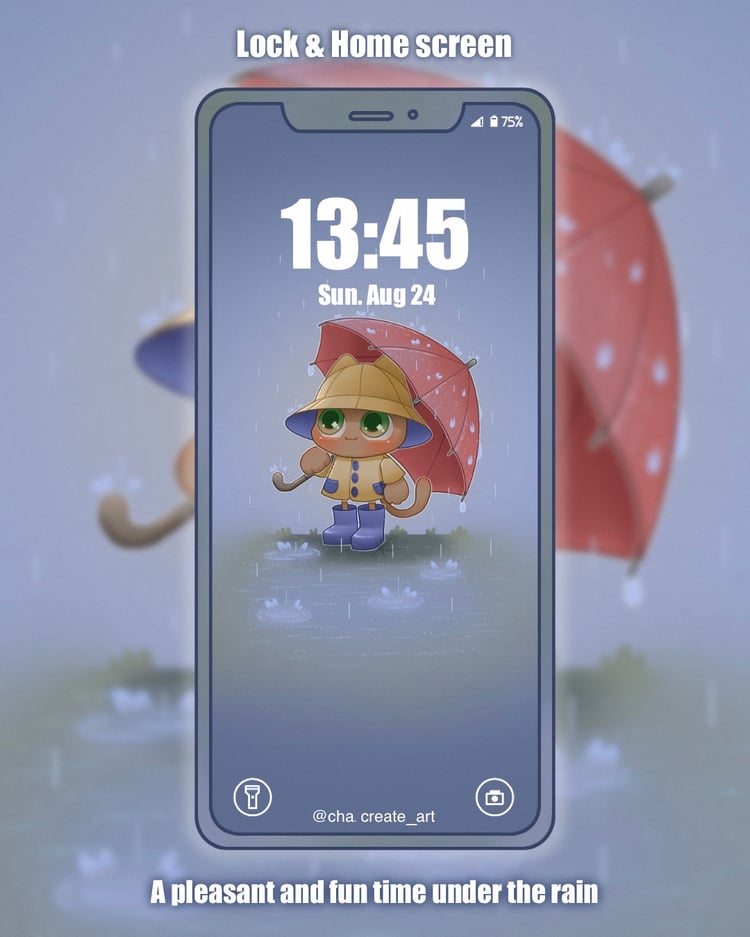 A little rain-lover in his yellow coat and blue boots. He doesn´t mind the drizzle - he enjoys the sound of rain tapping on his red umbrella #wallpaperphone #cuteart #kawaiiart #cutecreature #rain #umbrella