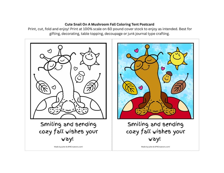 FREE Cute Snail On A Mushroom Fall Coloring Postcard (Print Sheet)