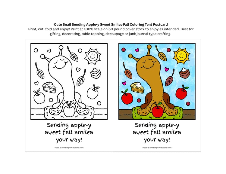 Cute Snail Apple-y Sweet Smiles Fall Coloring Postcard (Print Sheet)