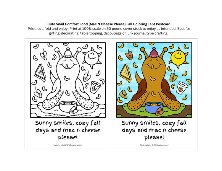 Cute Snail Fall Comfort Food Mac n Cheese Please 2 in 1 Coloring Postcard (Print sheet)
