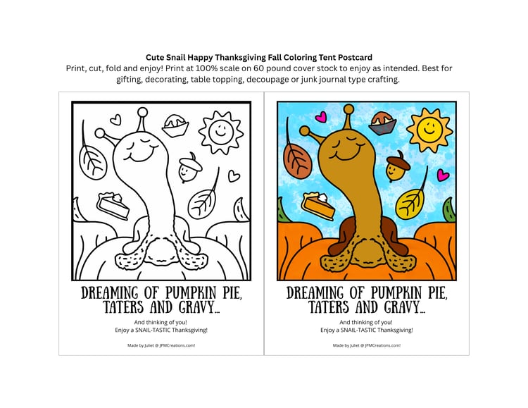 FREE Cute Snail Happy Thanksgiving 2 in 1 Tent Coloring Postcard  (print sheet)