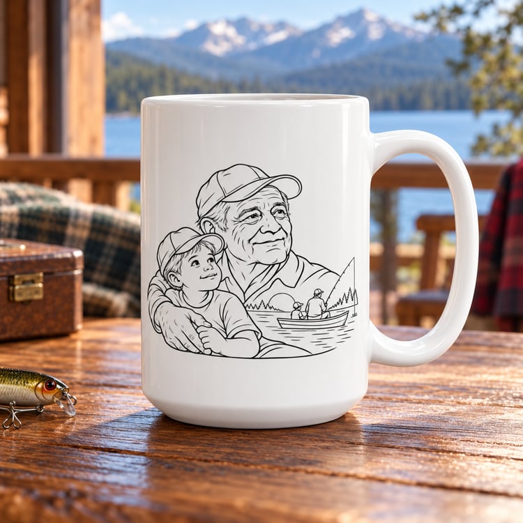 White 15 oz ceramic mug with black line art of a grandfather and young boy, on a wooden table overlooking a lake and mountains.