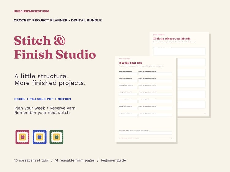 Stitch & Finish Studio crochet project planner and yarn stash tracker bundle.