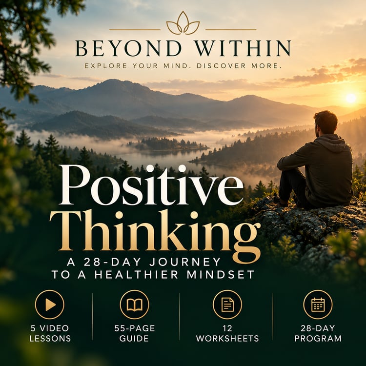 Beyond Within Positive Thinking course cover: a person sitting on a rock overlooking a misty forest lake at sunrise
