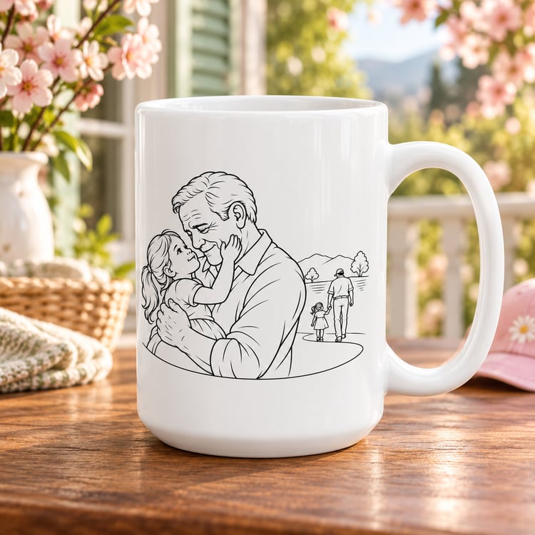 White 15 oz ceramic mug with black line art of a grandfather and young girl, on a wooden table beside flowers and a sunlit window.