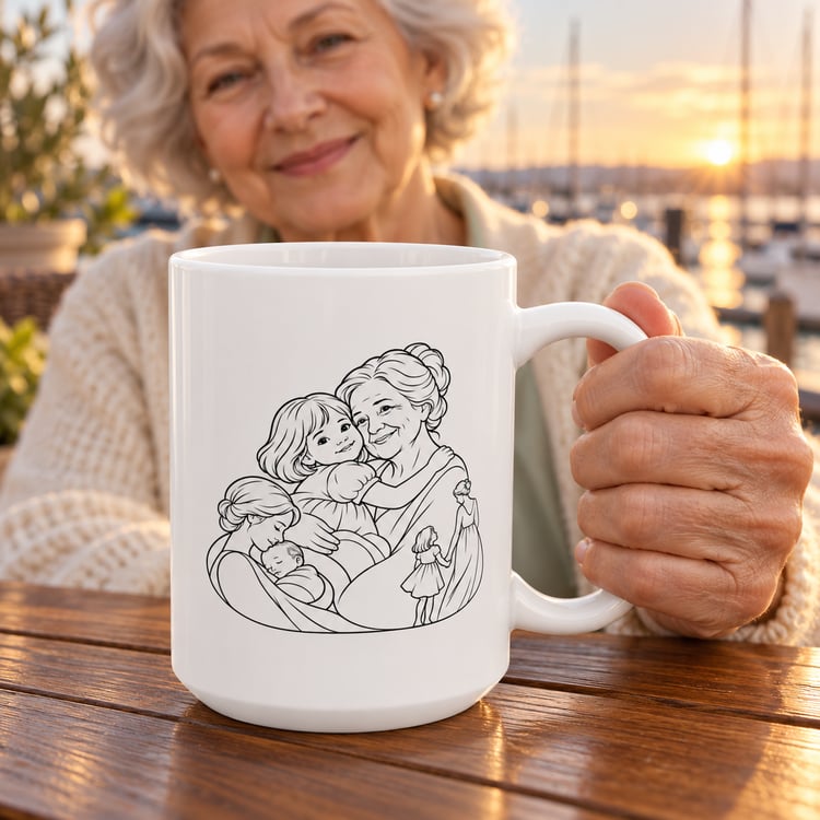 White 15 oz ceramic mug with black line art of a grandmother and young girl, held by an older woman at a wooden table at sunset.