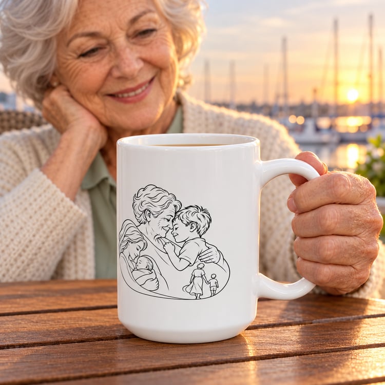 White 15 oz ceramic mug with grandmother and young boy line artwork, held by an older woman at a wooden table at sunset.