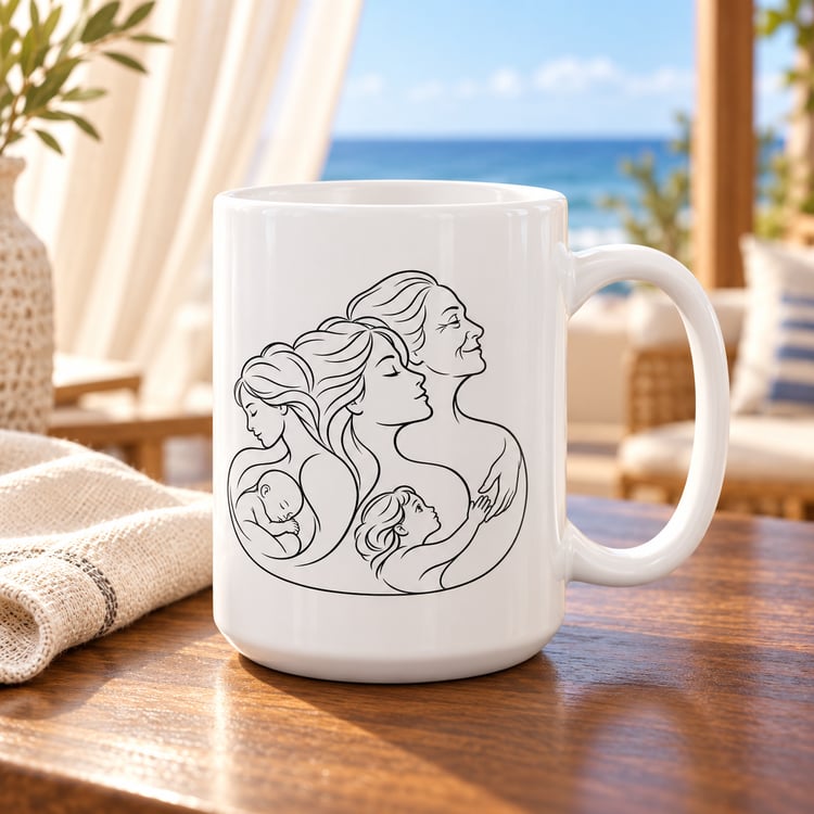White 15 oz ceramic mug with black line art of a mother holding a baby, on a wooden table beside a sunlit window overlooking the water.