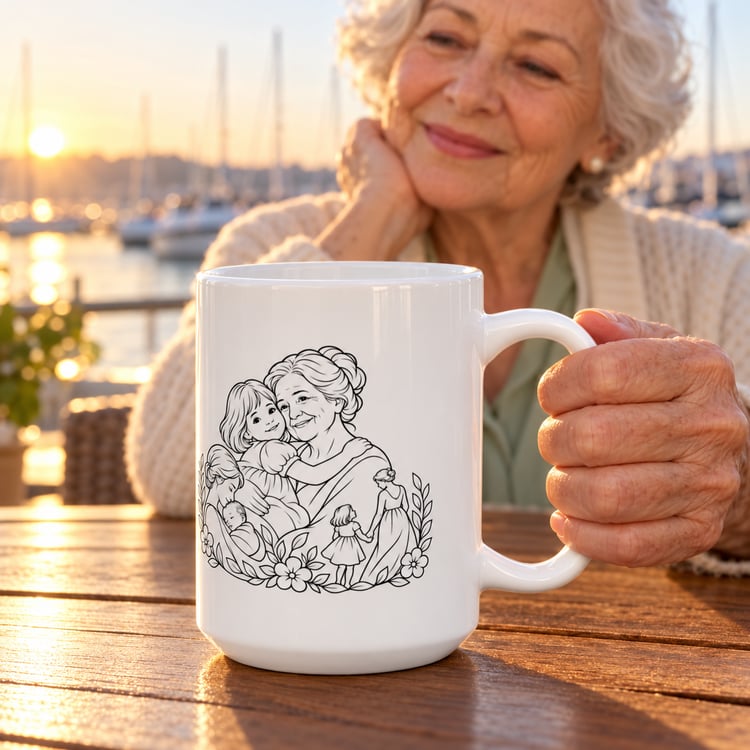 White 15 oz ceramic mug with black line art of a grandmother and young girl surrounded by flowers, held by an older woman at sunset.