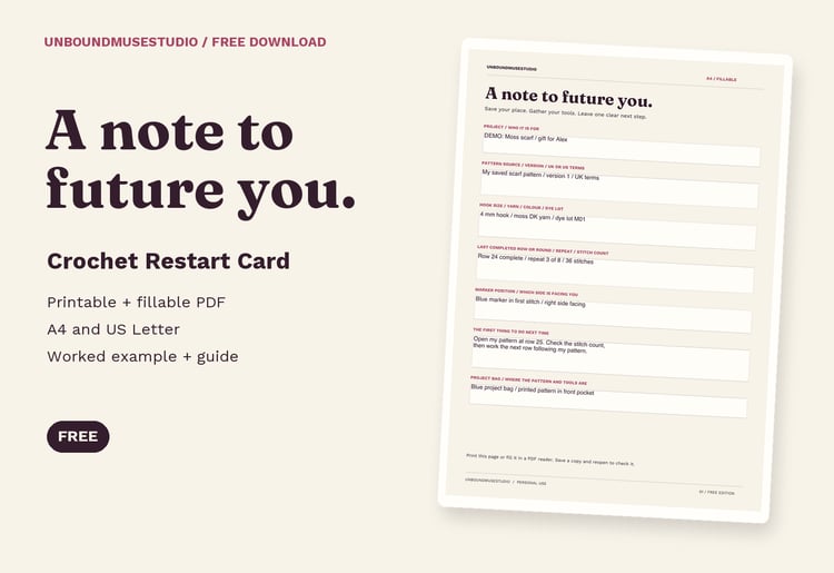 Free Crochet Restart Card cover with an example PDF and A4, US Letter, printable and fillable features.