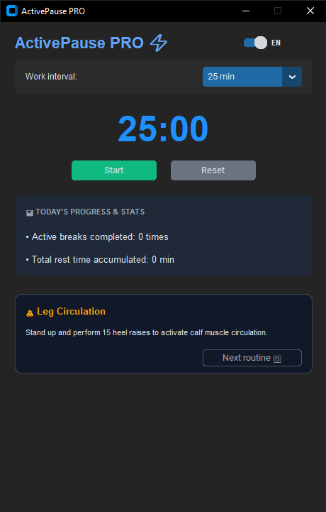 ActivePause PRO desktop application interface showing active break timer, ergonomics statistics, and stretching routines.