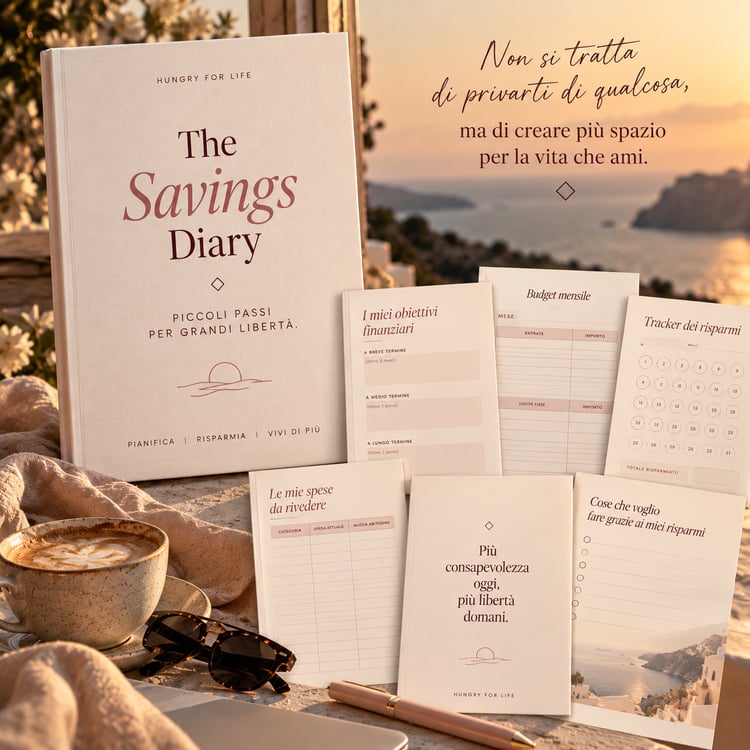 Copertina di The Savings Diary di Hungry for Life, diario digitale sul risparmio in PDF di 34 pagine, con grafica avorio, rosa cipria e bordeaux.